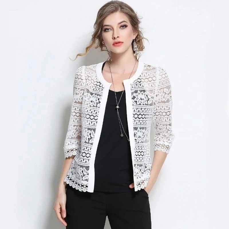 Modern - style cardigan for a contemporary feel -Women's Plus Size White Lace Hollow Out Floral O-Neck Cardigan