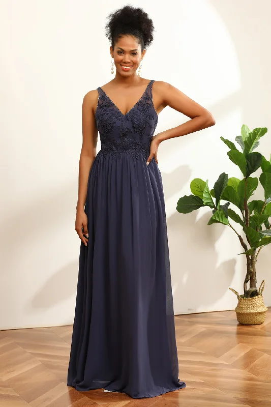 Mother's Day Dresses for Gift -Navy V-Neck Long Chiffon Bridesmaid Dress with Open Back