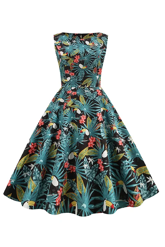 Contemporary Dresses for Fashion -Green Leaves Printed Vintage 1950s Dress