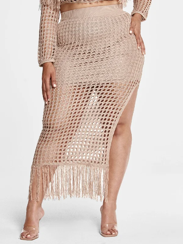 Patterned skirts with unique abstract art -Amber Fringe Crochet Maxi Skirt