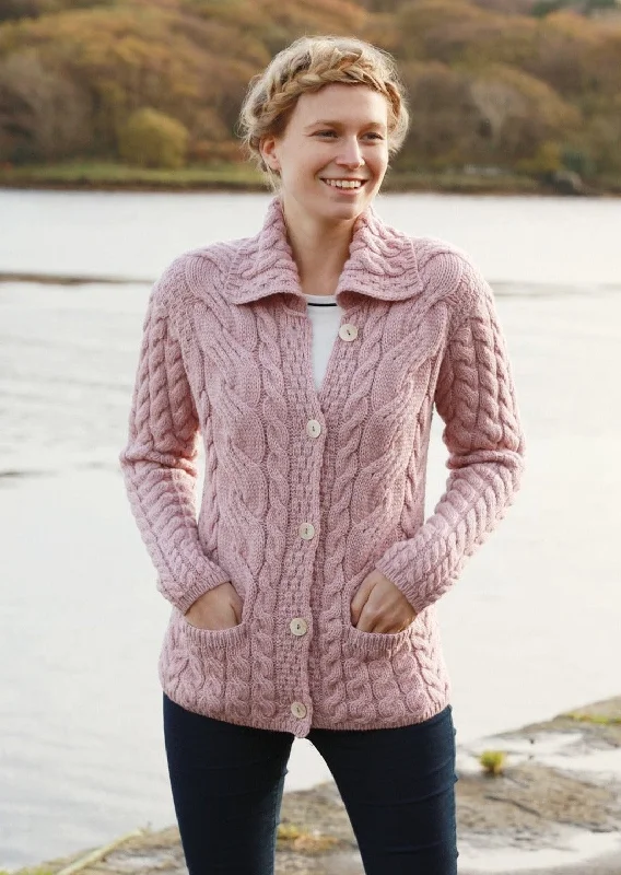 Wedding - guest cardigan for an elegant ensemble -Belcarra Ladies Aran Cardigan | Pink