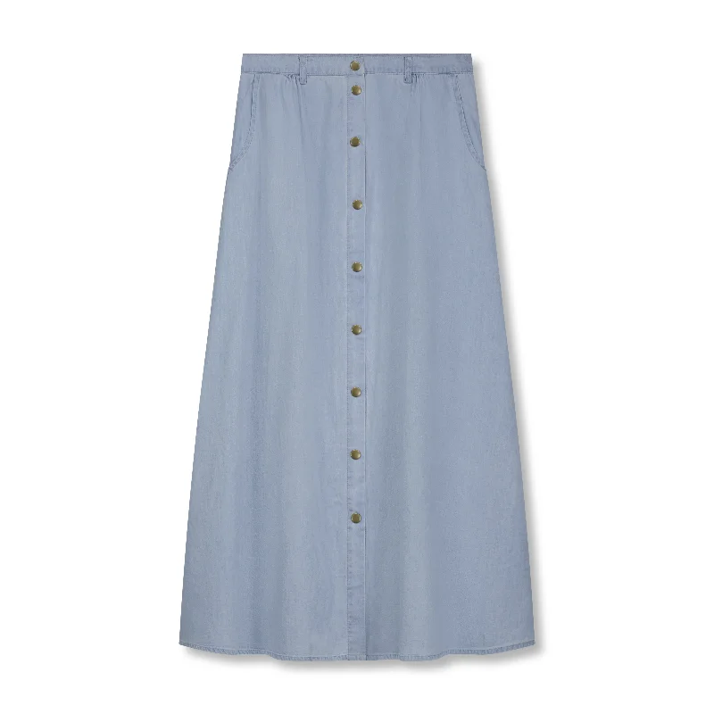 Classic black skirts for versatile outfit pairing -Button Denim Chambray Maxi Skirt