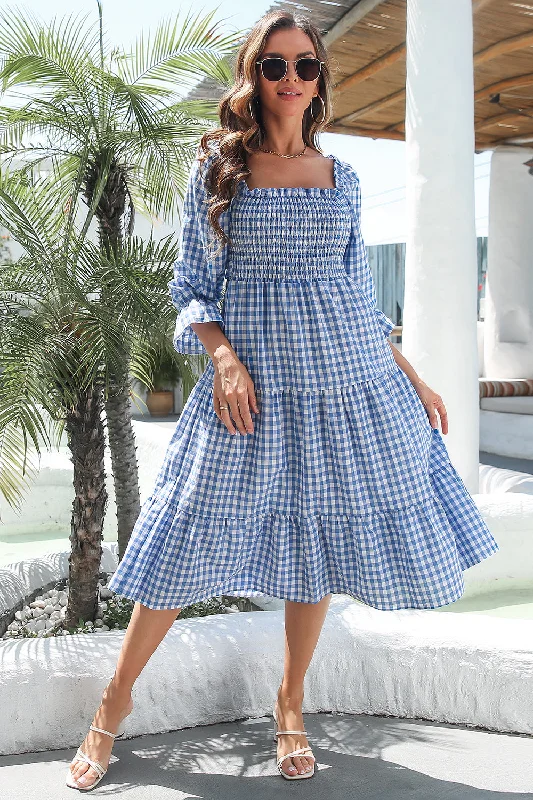 Valentine's Day Dresses for Romance -Blue Plaid Off Shoulder Summer Dress