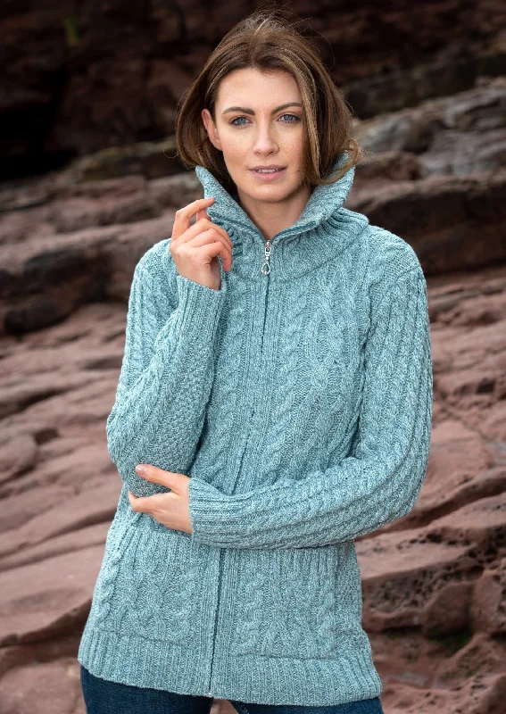 Long - sleeve cardigan for cold weather -Aran Claddagh Zip Cardigan | Aqua