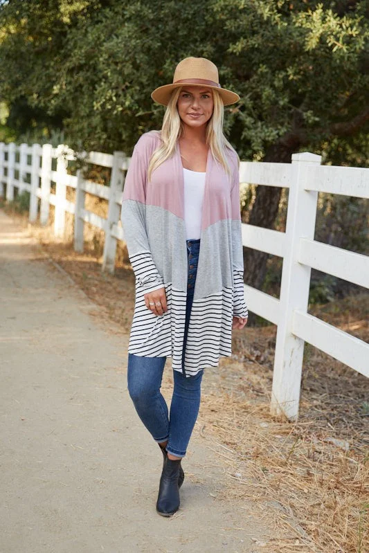 Lace - trimmed cardigan for a romantic look -Color Block and Stripes Cardigan