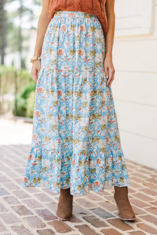 Stretch denim skirts for comfy wear -Start The Day Blue Floral Maxi Skirt