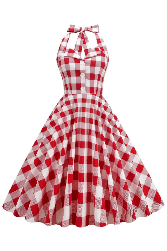 Minimalist Dresses for Simplicity -Red Plaid Halter 1950s Swing Dress