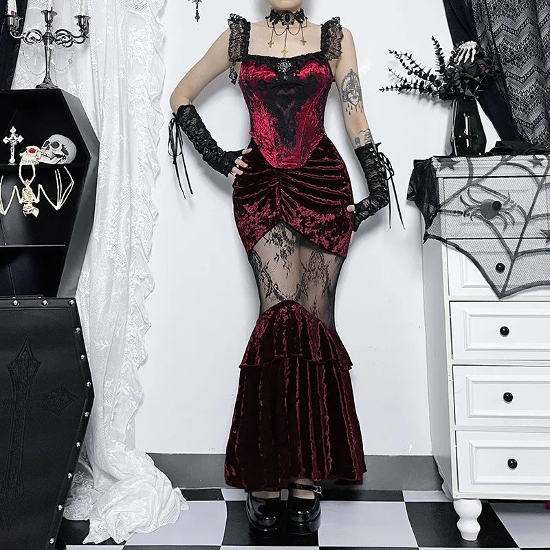 Lightweight skirts for warm weather comfort -Black Fairy Grunge Gothic Velvet Lace Stitching Fishtail Skirt