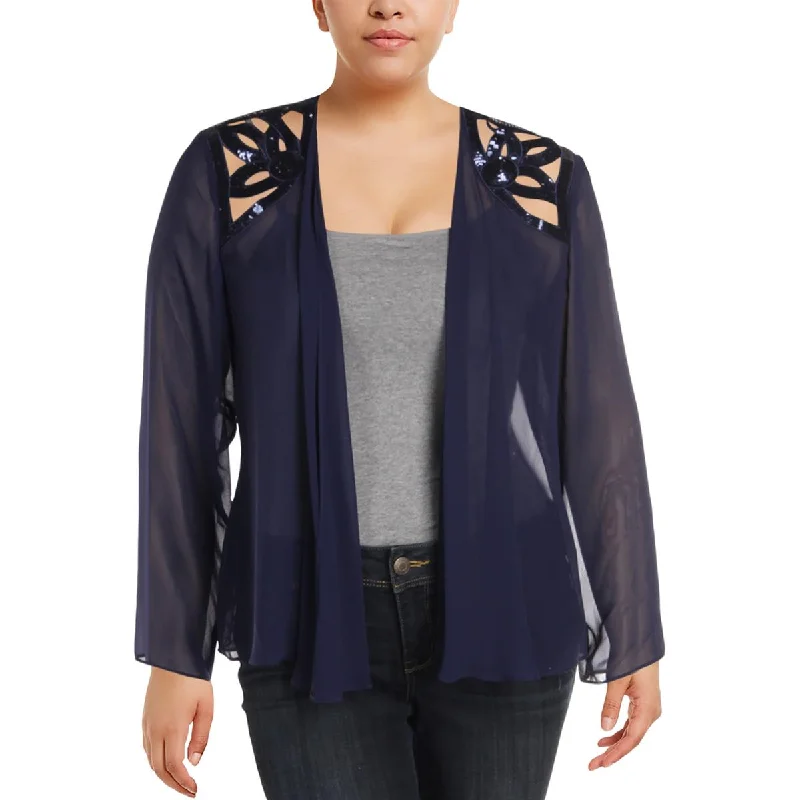 Round - neck cardigan for a cute appearance -SLNY Womens Chiffon Embellished Cardigan Top