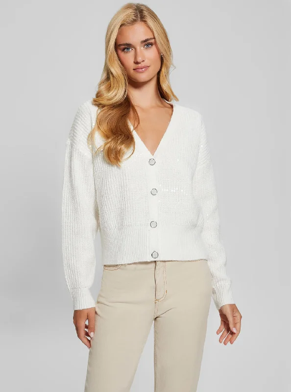 Ruffled - cardigan for a feminine style -White Riley Sequins Knit Cardigan