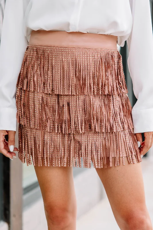 Flowy floral skirts for springtime elegance -Living The Dream Light Camel Brown Fringe Skirt