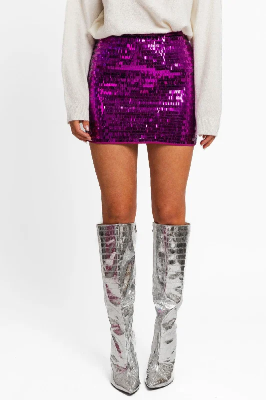 Wrap skirts for easy adjustable fit -Purple Sequin Metallic Mini Skirt