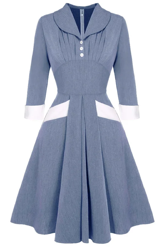 Anniversary Dresses for Special -Grey Blue 1950s Swing Dress with Long Sleeves