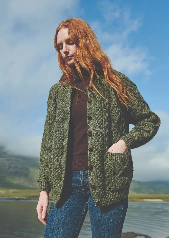 School - cardigan for a stylish campus look -Handknit Aran Lumber Cardigan | Green