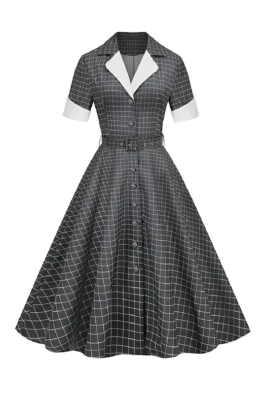 Vintage Dresses for Nostalgia -Grey Plaid Lapel Neck Vintage Dress