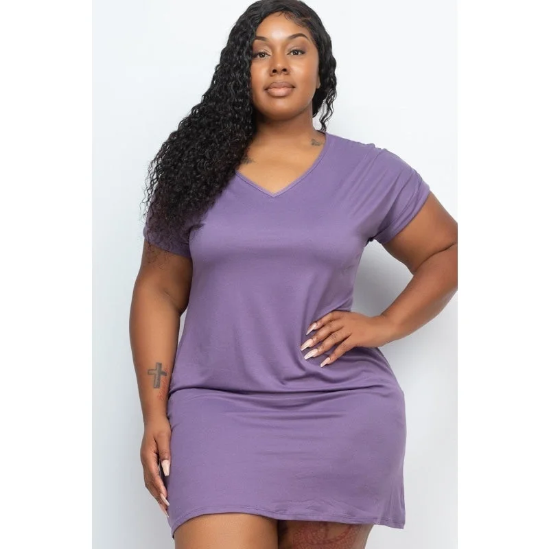 Sundress Dresses for Sunny -Women's Plus Size Grape Short Sleeves V-Neck Side Pocket Mini Dress