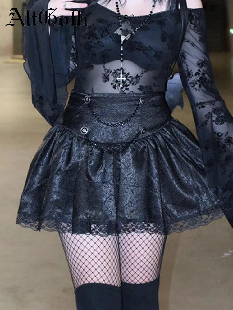 Affordable denim skirts for everyday cool -Goth AltGoth Fairycore Grunge Lace Chain High Waist Skirt