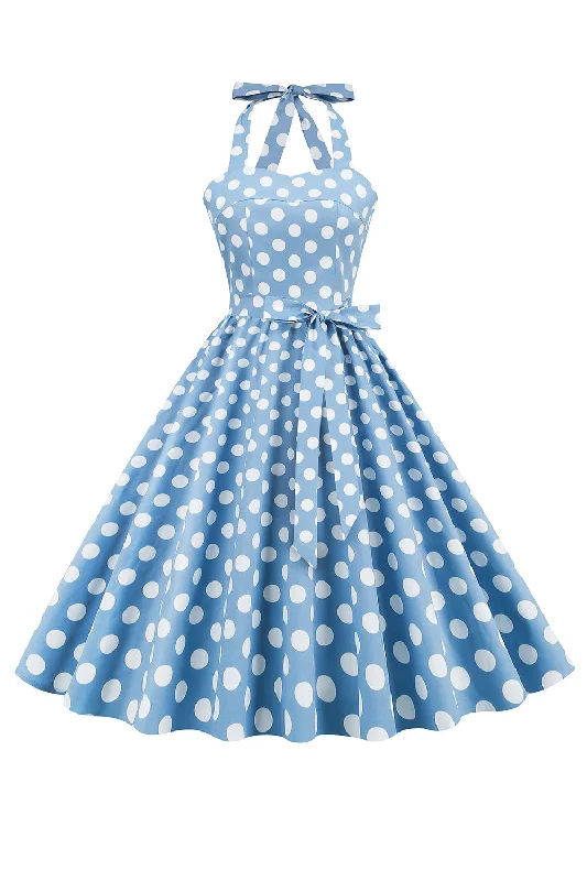 Modern Dresses for Trendy -Halter Blue Polka Dots 1950s Dress