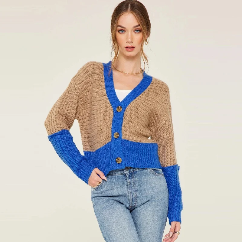 Party - cardigan for a fun night out -Colorblock Button Down Cardigan (Camel Blue)