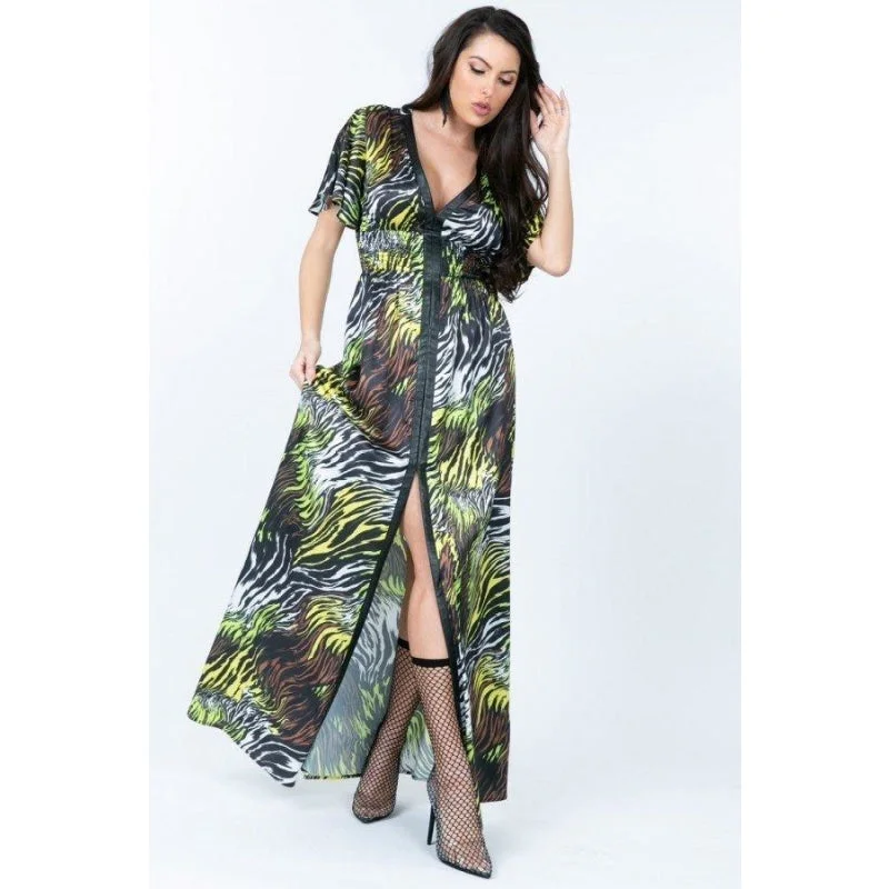 Celtic Dresses with Knotwork -Vintage Women's Black Neon Multi Zebra Print Deep V-Neck Slit Long Dress