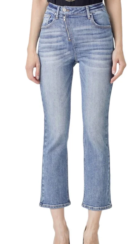 Loose-fit tight trousers for women with high waist and casual, comfortable style -Straight Leg Asymetrical Zipper Jeans In Light Denim