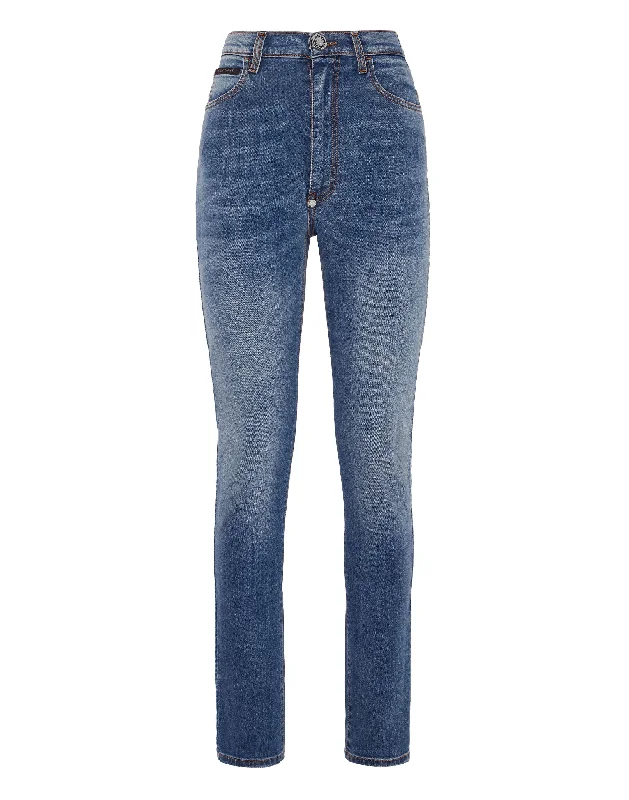 High-waisted tight trousers for women with tapered leg and vintage-inspired design -Denim Trousers Super High Waist Jegging