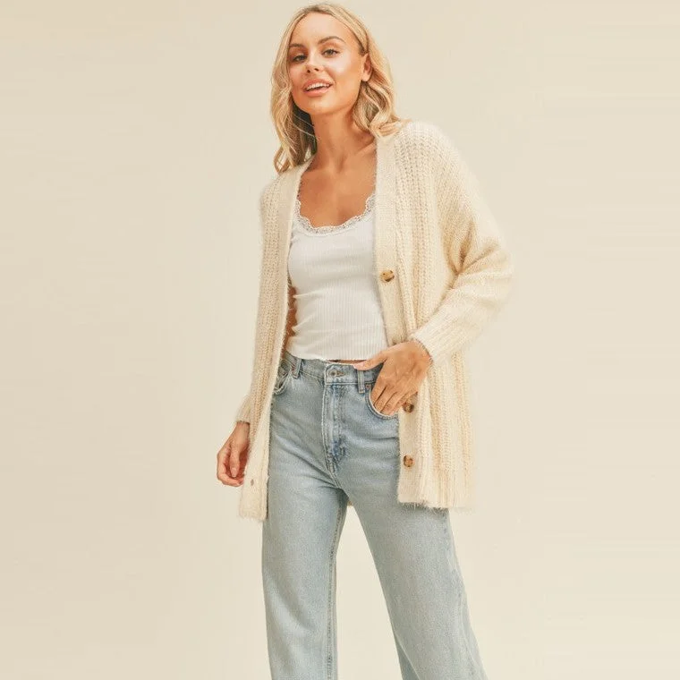 Semi - formal - event cardigan for a refined look -Mohair Blend Knit Cardigan (Cream)