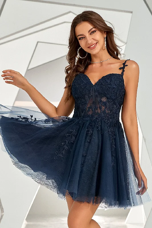 One-shoulder Dresses for Trendy -Navy Backless Short Cocktail Dress with Appliques