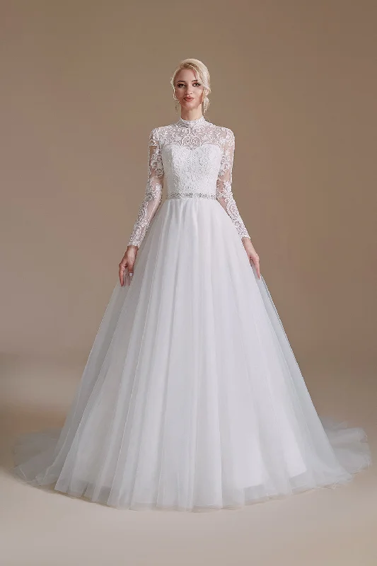 Abstract Dresses for Creative -White A-Line High Neck Long Sleeves Wedding Dress with Lace