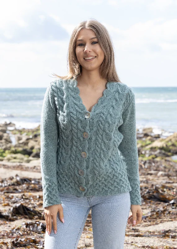 Khaki - cardigan for a casual and outdoorsy look -IrelandsEye Horseshoe Aran Cardigan | Ocean Mist