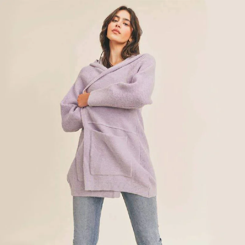 White - cardigan for a clean and fresh look -Front Pocket Cardigan With Hoodie (Lavender)