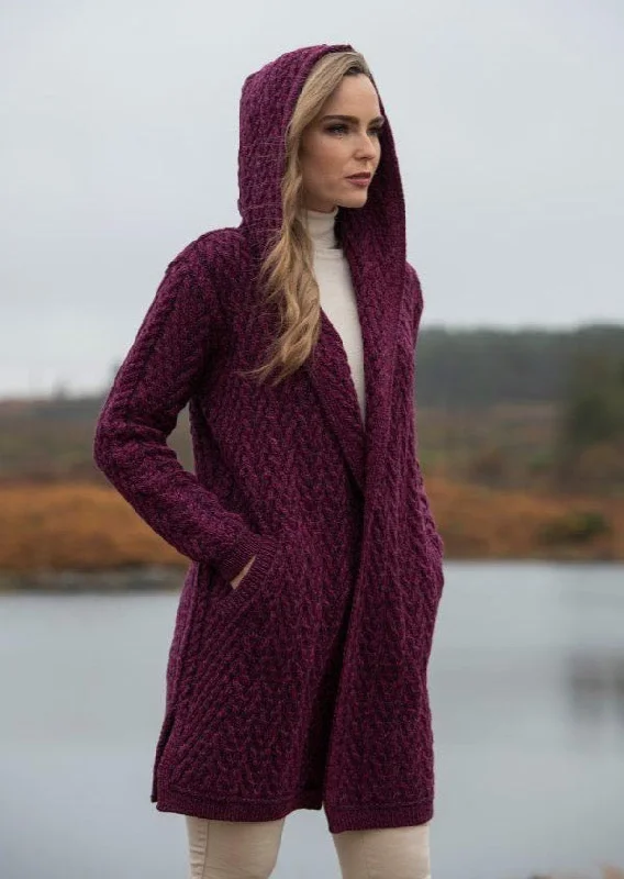 Cable - knit cardigan with classic patterns -Shawl Hooded Aran Cardigan | Purple