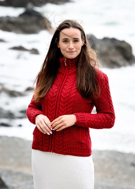 Three - quarter - sleeve cardigan for versatility -Cable Knit Aran Cardigan | Red