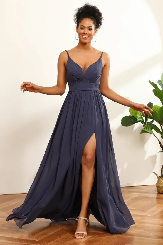 High-waisted Dresses for Flatter -Dusty Blue Ruched Long Chiffon Bridesmaid Dress with Slit