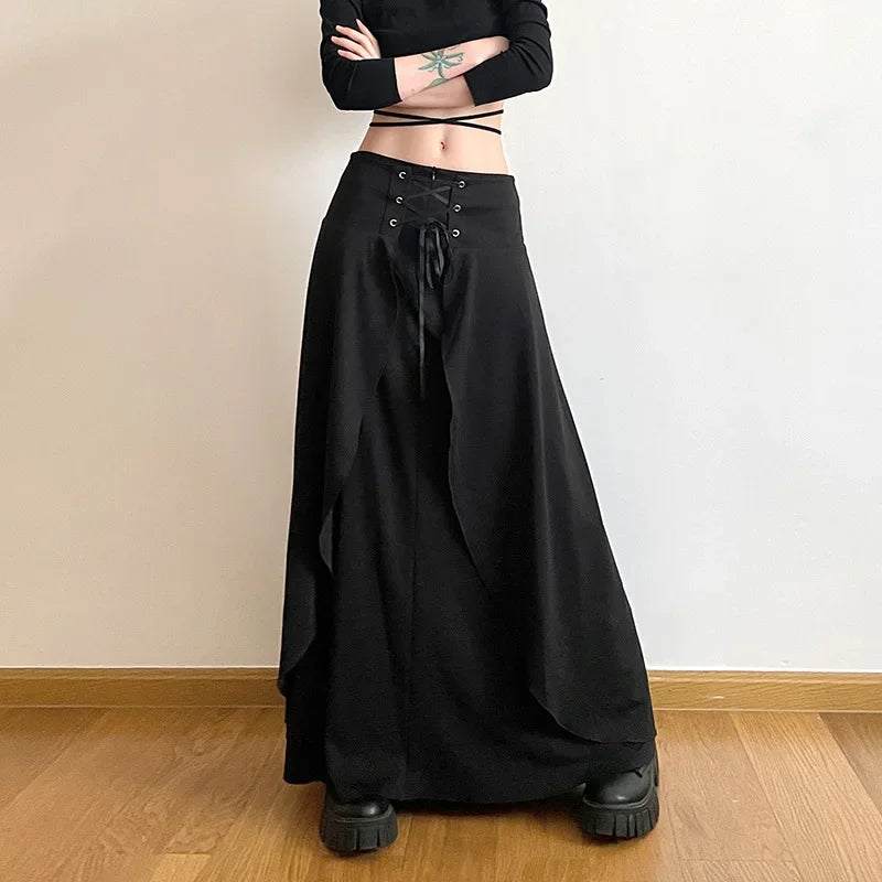 Stretchy skirts for all-body inclusivity -Women's Maxi Solid Layered A Vintage Cake High Elegant Y2K Ruffle Line Wedding Guest Waist Party Black Skirt