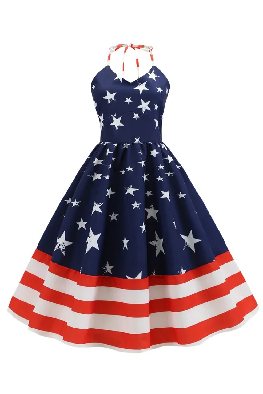 Fringed Dresses for Edgy -Halter Navy Star Stripes Vintage Dress