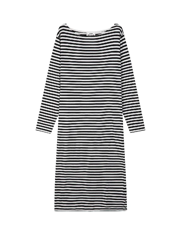 Off-shoulder Dresses for Feminine -Soft Single Stripe Silas Dress, Black/Snow White