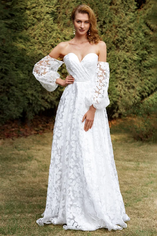 Evening Dresses for Formal Events -White Organza Off Shoulder Wedding Dress