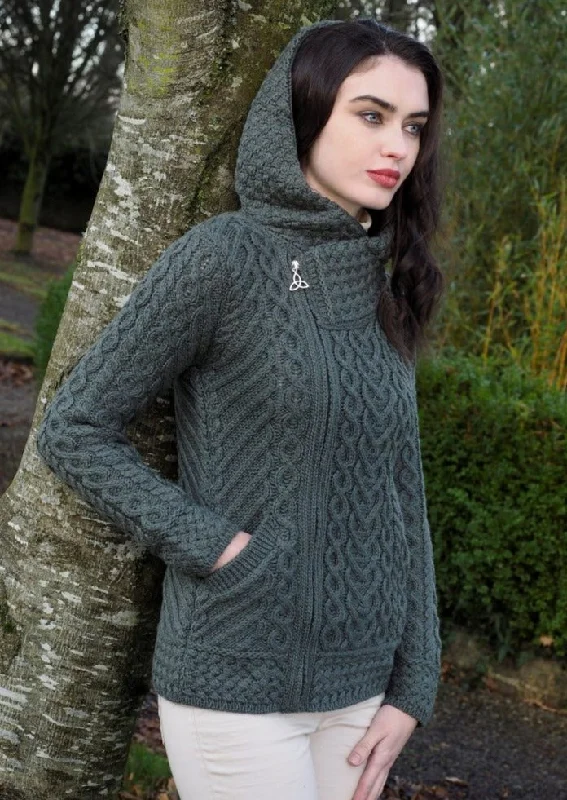 Formal - event cardigan for an elegant presence -Aran Crafts Side Zip Hooded Cardigan | Green