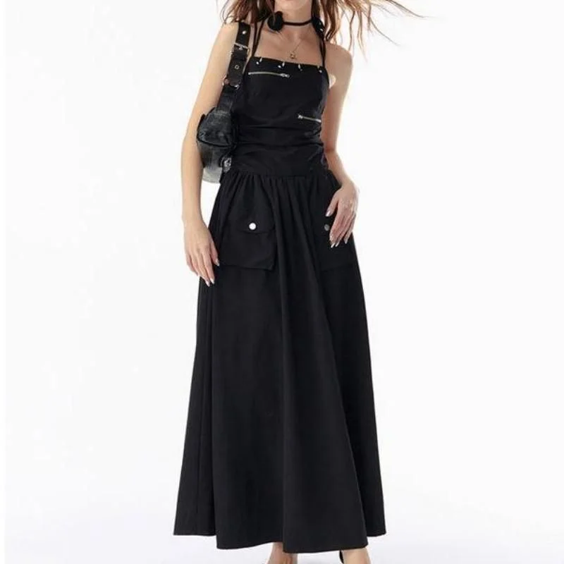 A-line Dresses for Flattering -Elegant Basic Solid Black Backless Bandage Maxi Dress with Pockets