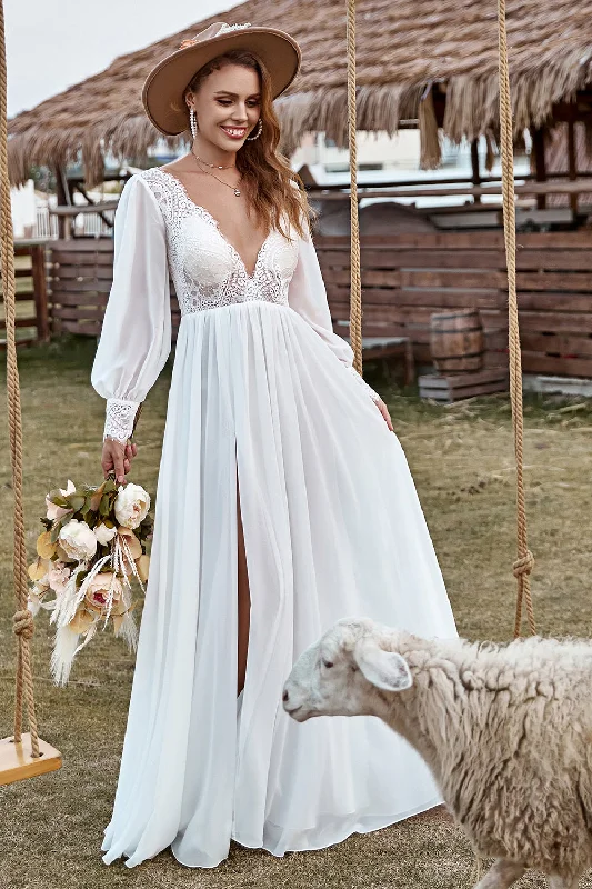 Solid Color Dresses for Simple -Ivory Lace Chiffon V-Neck Long Sleeve Boho Wedding Dress