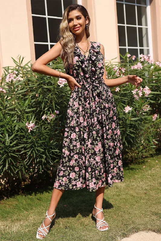 Off-shoulder Dresses for Feminine -V Neck Black Foral Printed Summer Dress