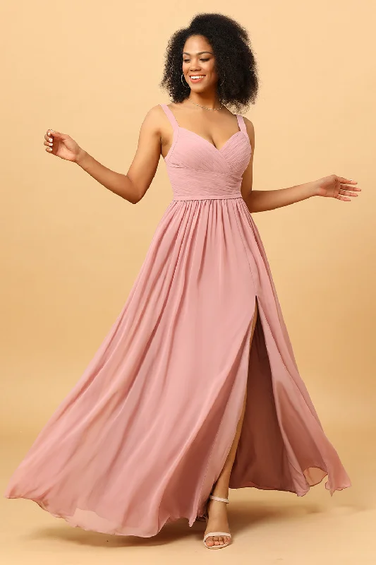 Tiered Dresses for Voluminous -Beautiful A Line Blush Long Bridesmaid Dress with Split Front