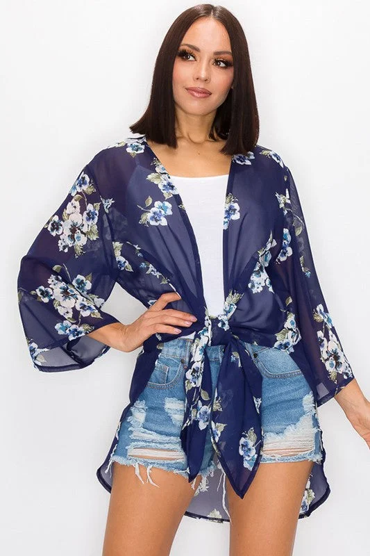 Modern - style cardigan for a contemporary feel -Floral Print Cardigan - Navy