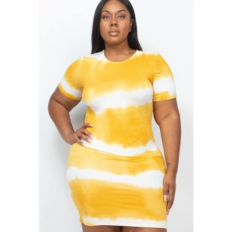 Wedding Dresses for Bridal Look -Women's Plus Size Mustard Stripe Tie-dye Printed Short Sleeves Midi Dress