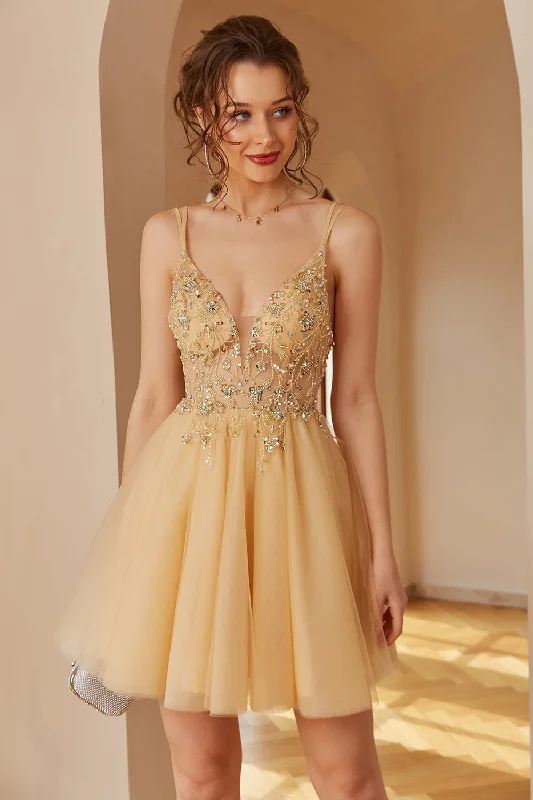 Zippered Dresses for Convenience -Champagne Spaghetti Straps Homecoming Dress With Appliques