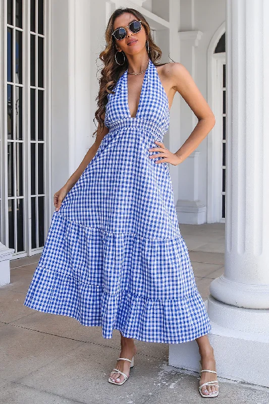 Mother's Day Dresses for Gift -Blue Plaid Boho Maxi Summer Dress