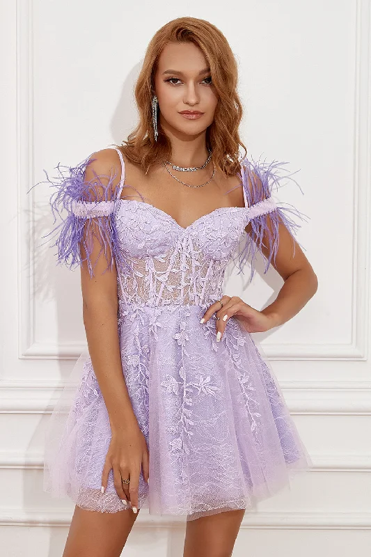 Work Dresses for Professional -Lavender Off Shoulder Homecoming Dress with Feathers