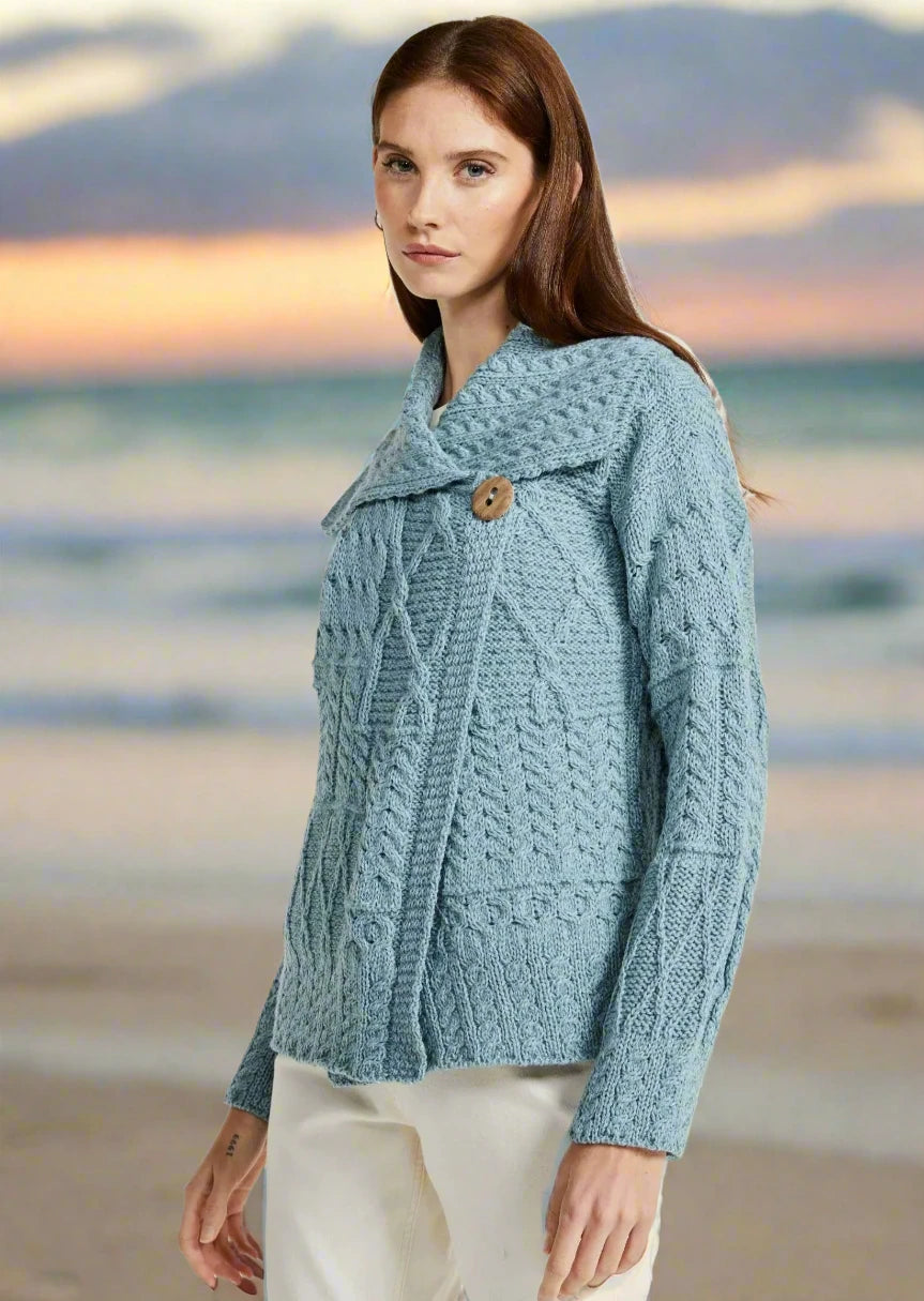 Modern - style cardigan for a contemporary feel -Patchwork Ladies Aran Cardigan | Mist Marl