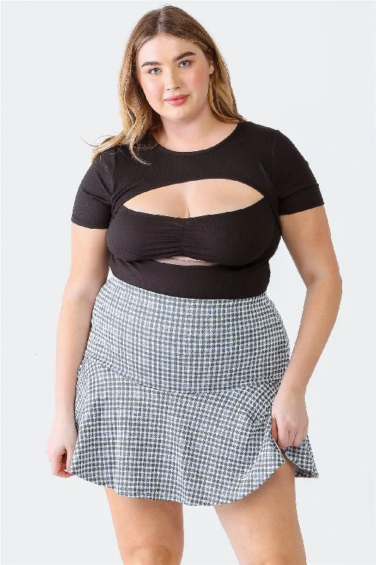 Bold leather skirts for daring fashion statements -Plus Size Blue Plaid High Waist Flare Hem Mini Skirt